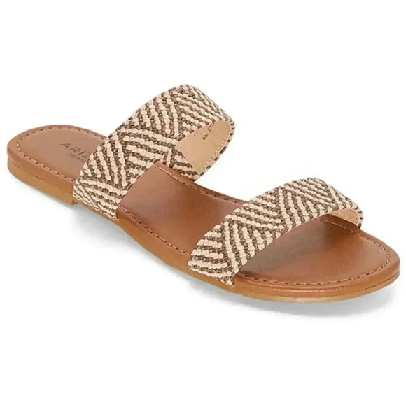 Arizona Jean Company Shoes - Arizona Jeans Co. Tan Gyles Striped Slip-On Flat Two Strap Sandal Size 7.5 NWOT
